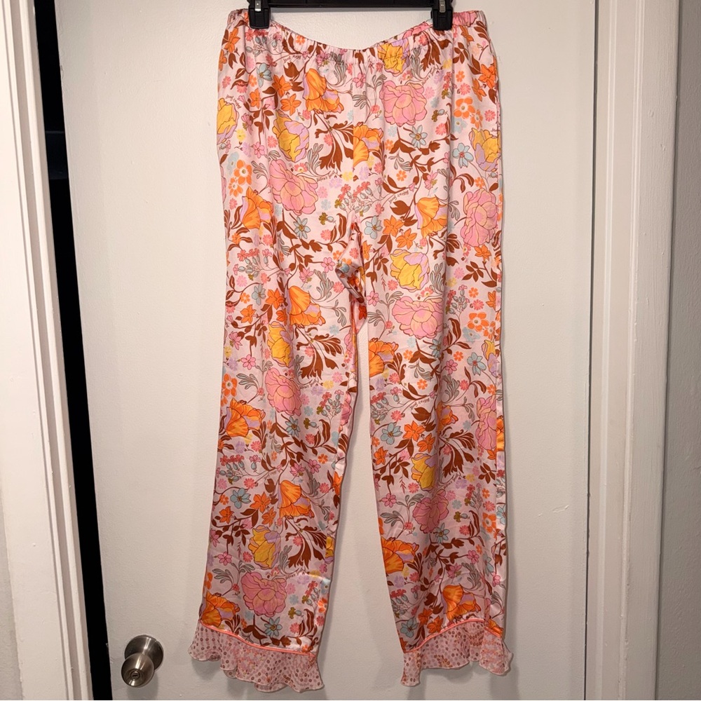 NWT Victoria's Secret Pink Floral Satin Pajama Pants with Orange & Yellow Accent